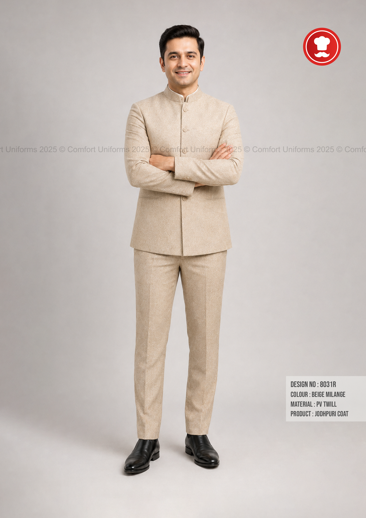 8031R Beige Melange Jodhpuri Coat & Trouser Set | Restaurant Uniform