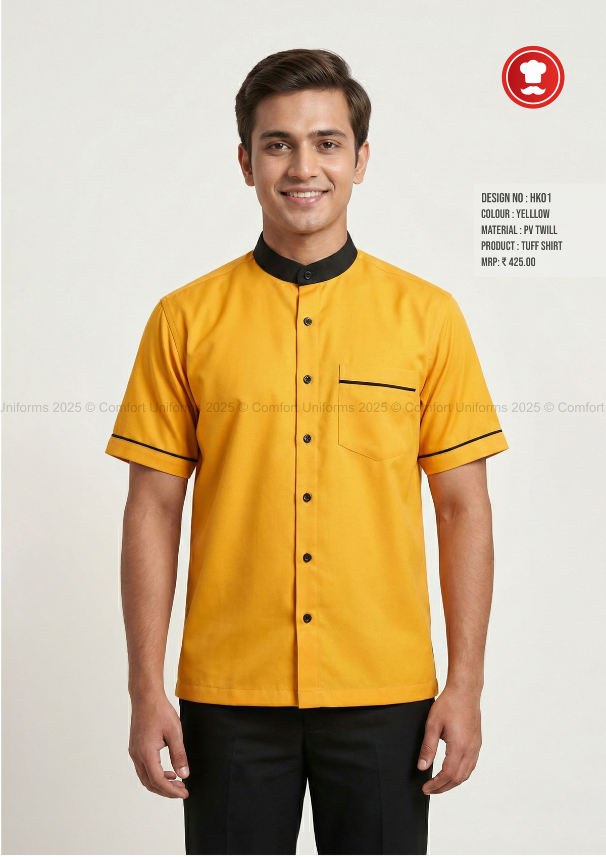 HK01 Housekeeping Uniform Shirt – Yellow with Black Mandarin Collar