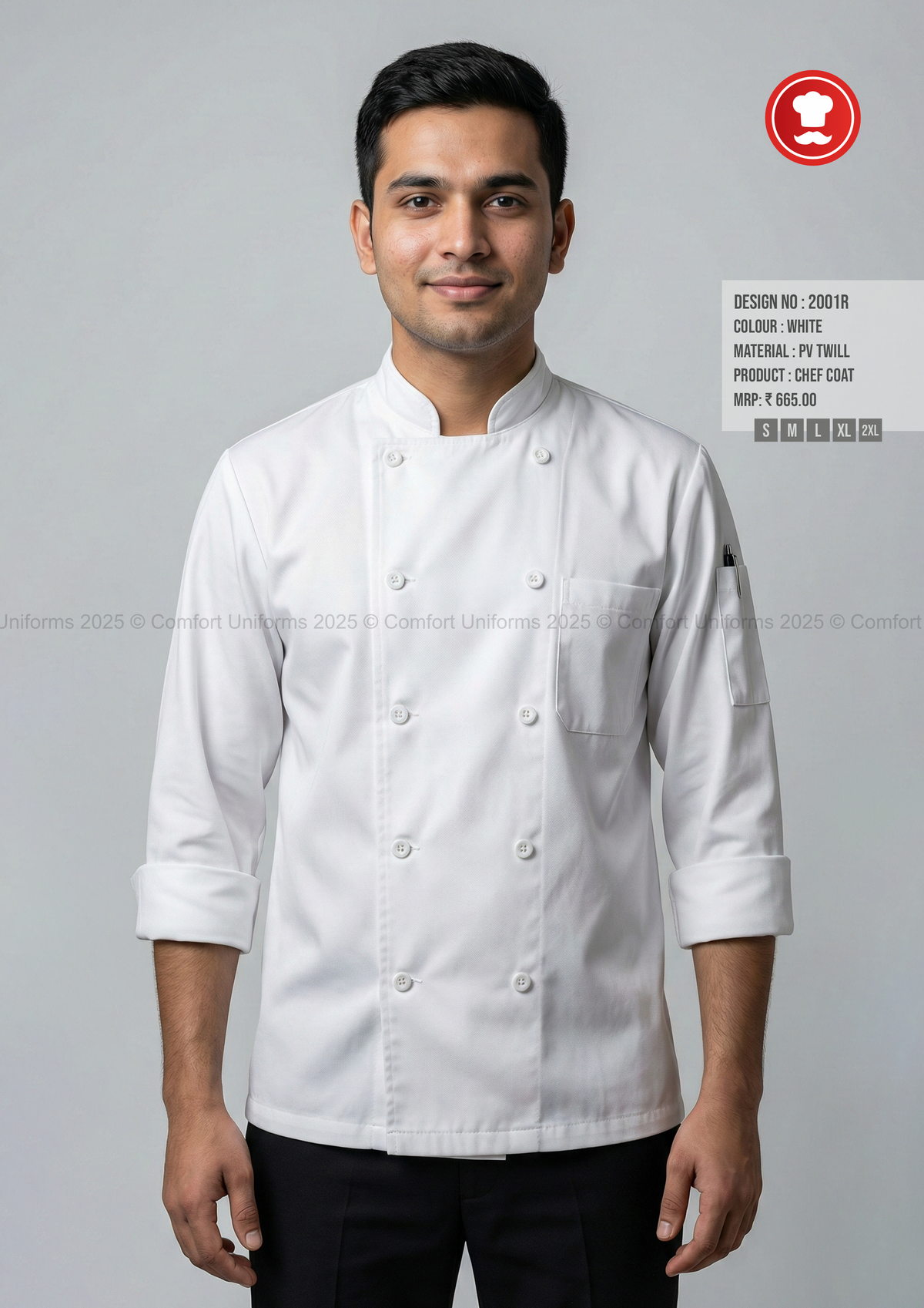 2001R White Chef Coat – Solid Classic Double-Breasted Design for Commis, Assistant Chefs & IHM Students