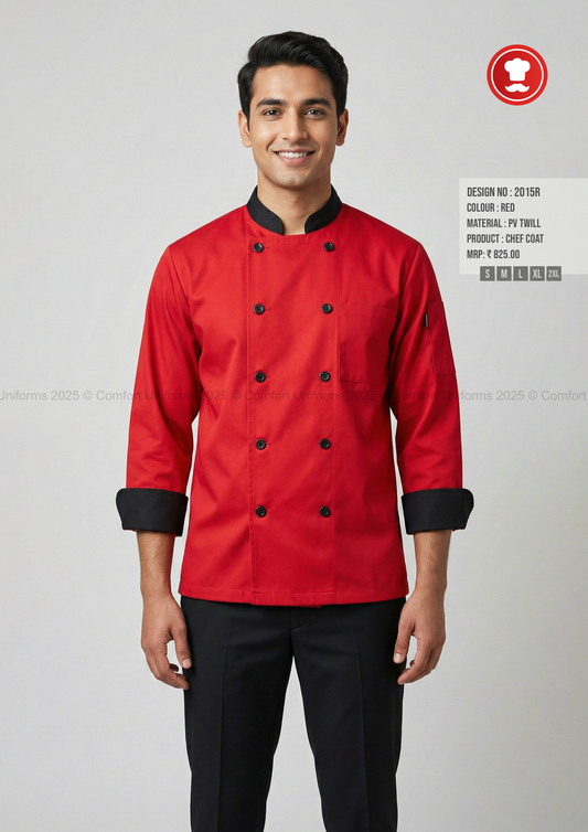 2015R Red Chef Coat – Bold Modern Double-Breasted Chef Uniform with Black Contrast
