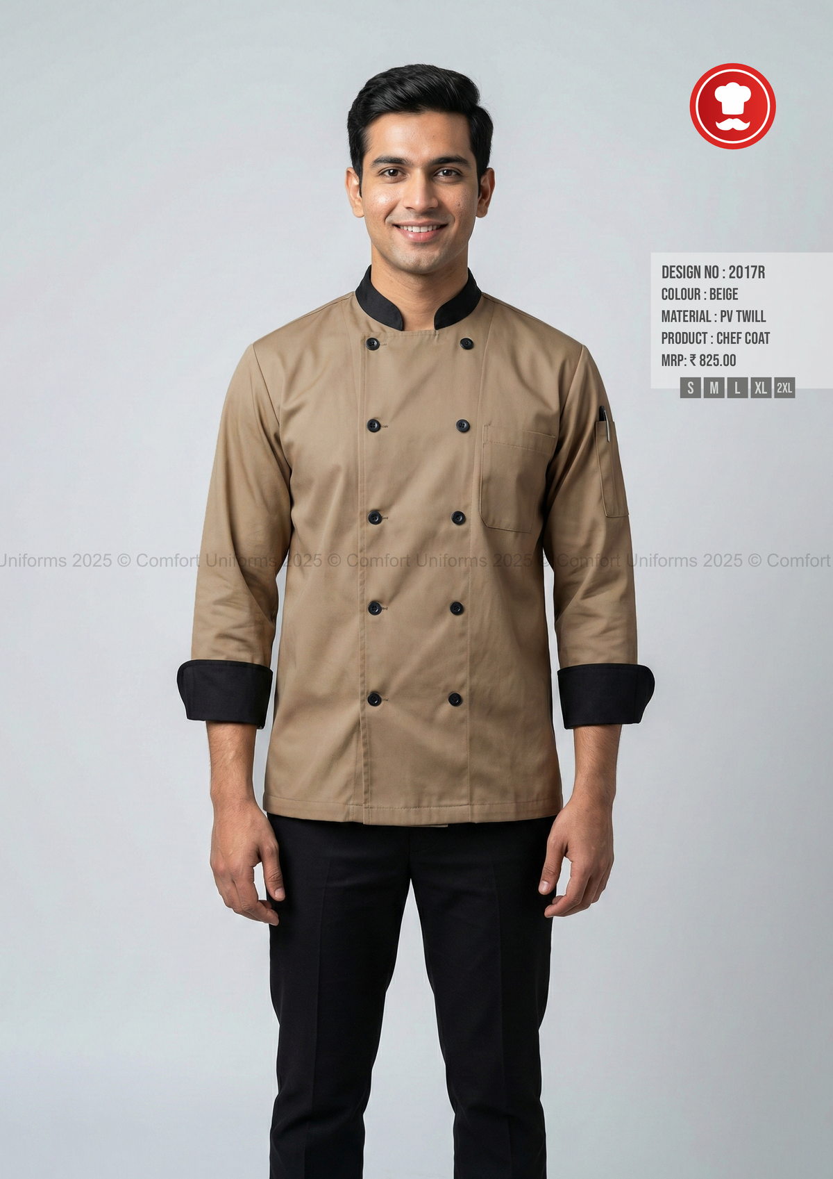 2017R Beige Chef Coat – Modern Double-Breasted Chef Uniform with Black Contrast