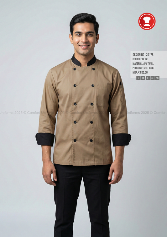 2017R Beige Chef Coat – Modern Double-Breasted Chef Uniform with Black Contrast