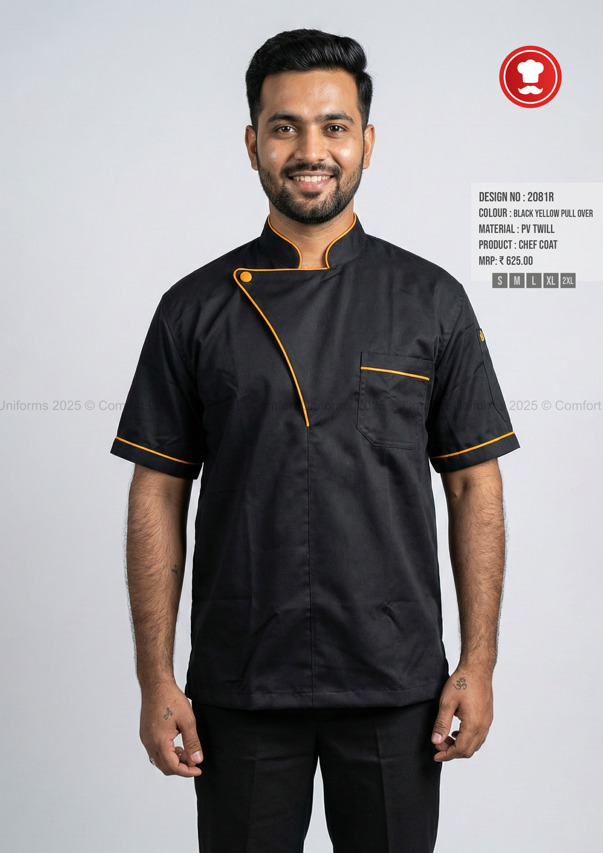 2081R Black Chef Pullover with Yellow Piping – Modern Half Sleeve Chef Uniform
