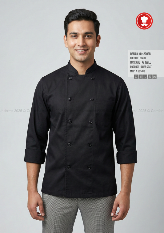 2002R Black Chef Coat – Solid Classic Double-Breasted Design for Commis, Assistant Chefs & IHM Students