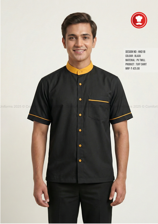 HK01B Housekeeping Tuff Shirt – Black with Yellow Mandarin Collar