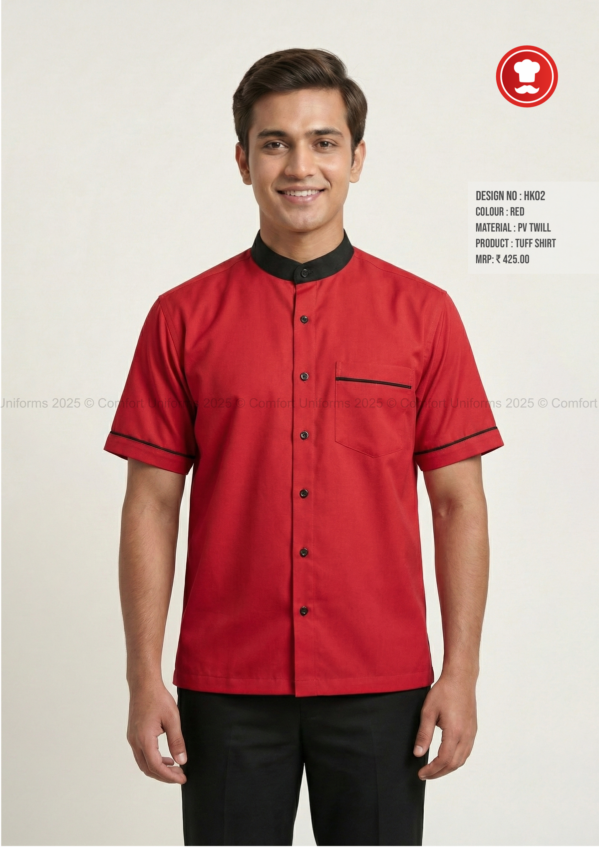 HK02 Housekeeping Tuff Shirt – Red with Black Mandarin Collar
