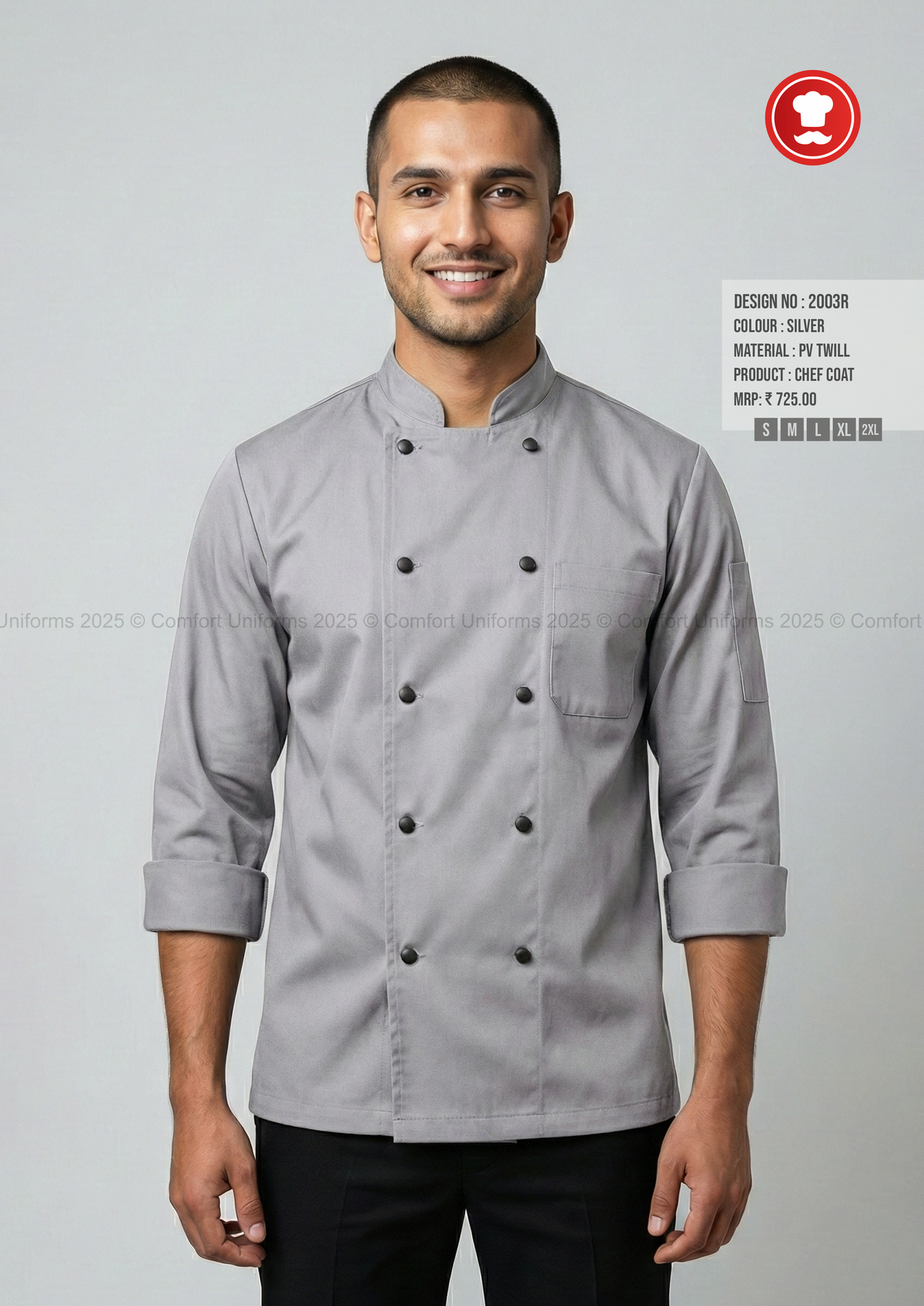 2003R Silver Chef Coat – Modern Premium Double-Breasted Chef Uniform for Cafés & Restaurants