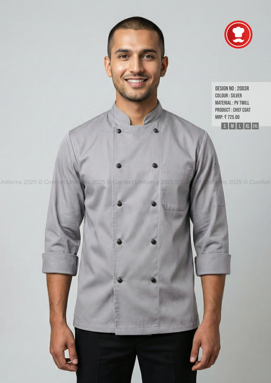 2003R Silver Chef Coat – Modern Premium Double-Breasted Chef Uniform for Cafés & Restaurants