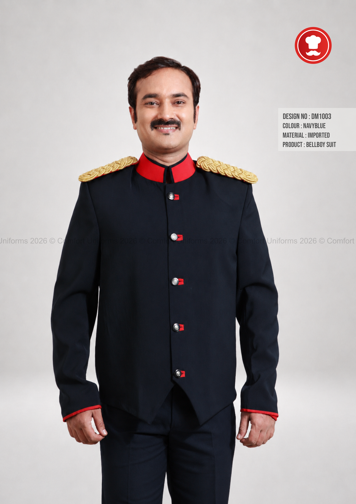 DM1003 Bellboy Suit – Navy Blue Uniform with Red Collar & Gold Epaulette