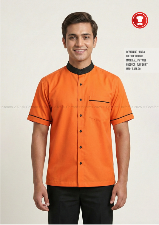 HK03 Housekeeping Tuff Shirt – Orange with Black Mandarin Collar