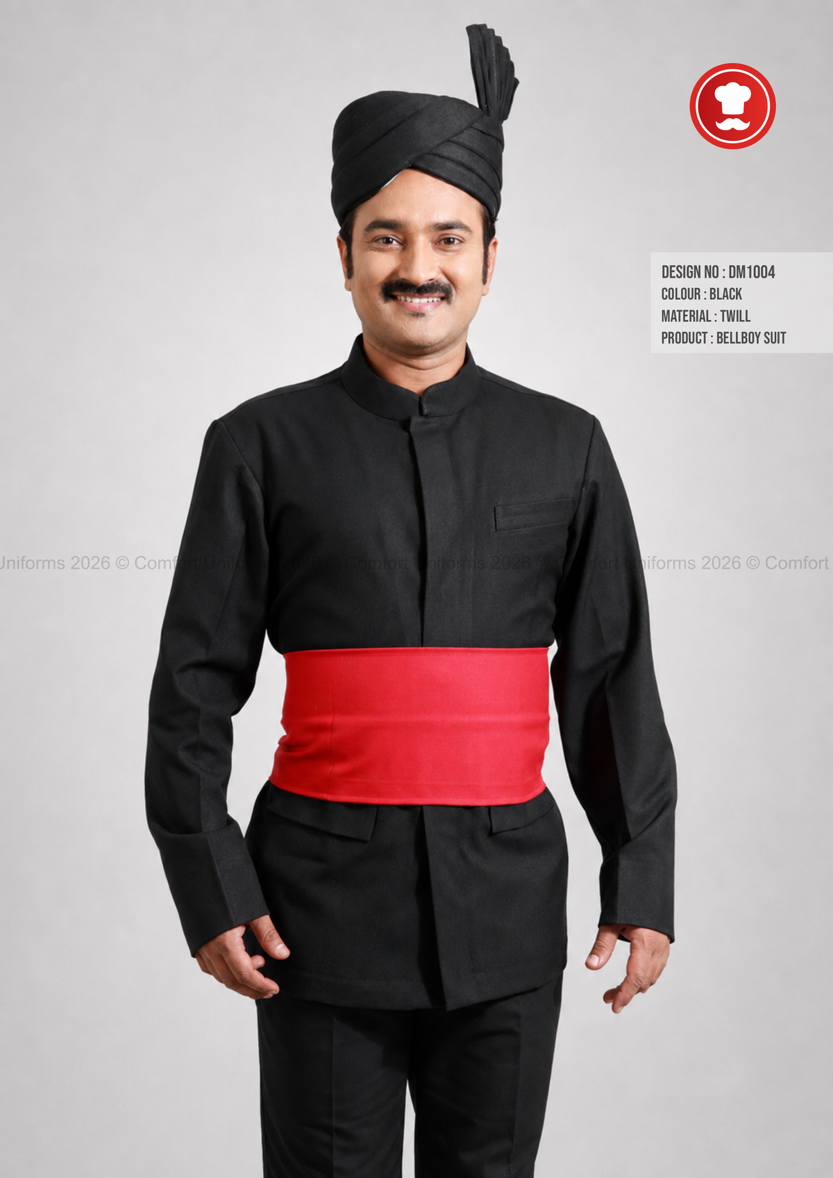 DM1004 Bellboy Suit – Black Uniform with Red Cummerbund & Turban Cap