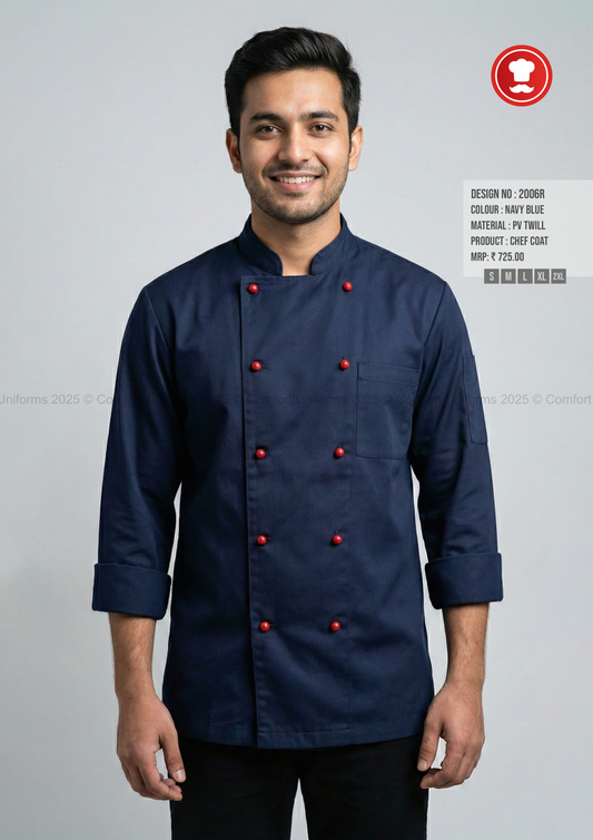 2006R Navy Blue Chef Coat – Modern Double-Breasted Chef Uniform with Red Buttons