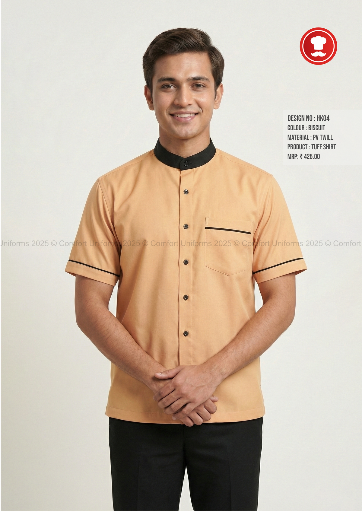 HK04 Housekeeping Tuff Shirt – Biscuit with Black Mandarin Collar