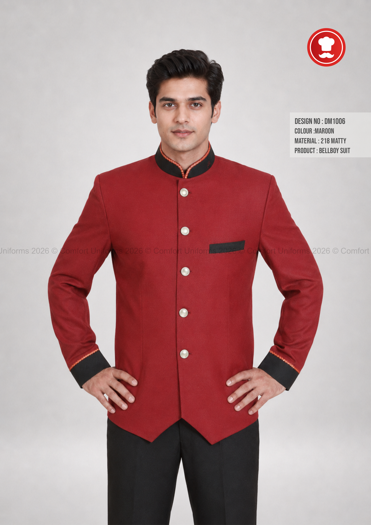 DM1006 Bellboy Suit – Maroon Uniform with Black Mandarin Collar & Pocket