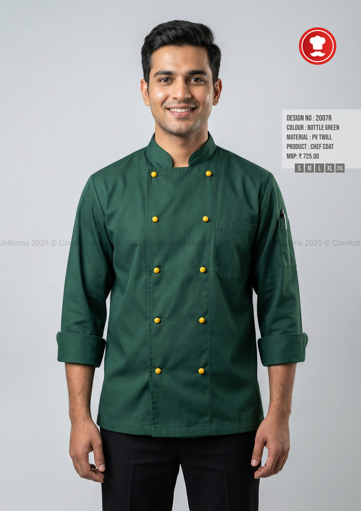 2007R Bottle Green Chef Coat – Fresh Modern Uniform for Veg & Vegan Restaurants