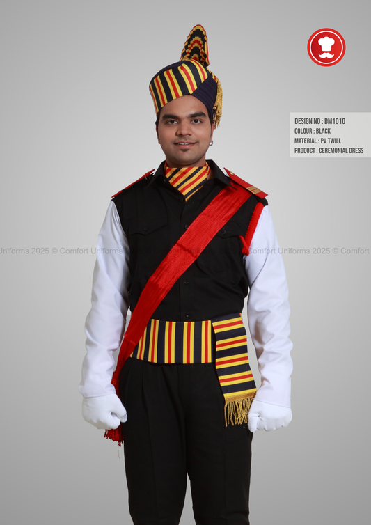 DM1010 Ceremonial Dress – Black with Red Sash & Striped Accents