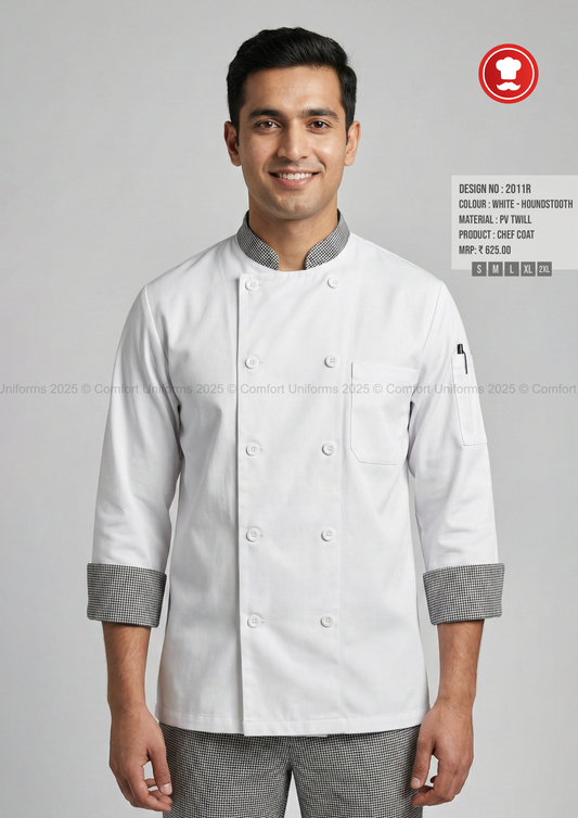 2011R White Houndstooth Chef Coat – Classic Professional Double-Breasted Chef Uniform