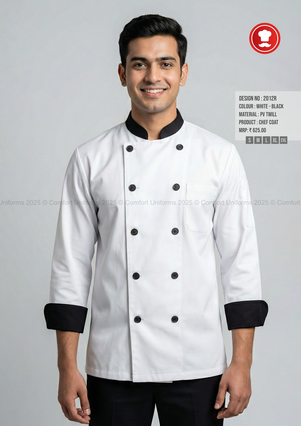 2012R White & Black Chef Coat – Classic Double-Breasted Chef Uniform with Contrast Detailing