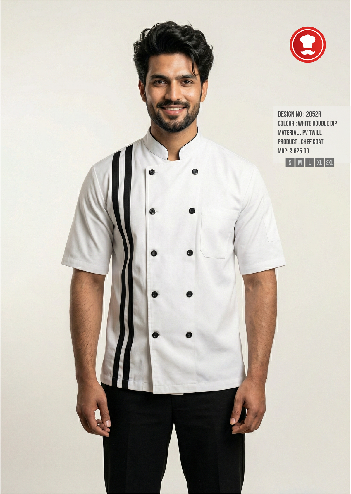 2052R White Chef Coat with Double Black Stripe – Modern Half Sleeve Chef Uniform