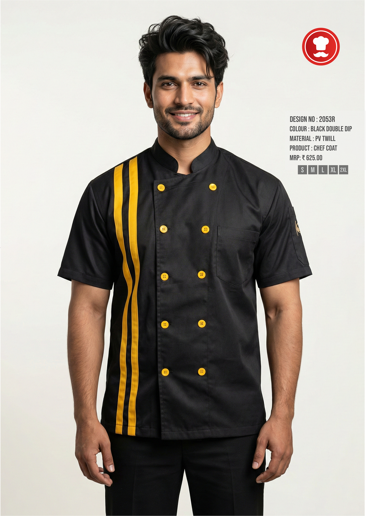 2053R Black Chef Coat with Double Yellow Stripe – Modern Half Sleeve Chef Uniform