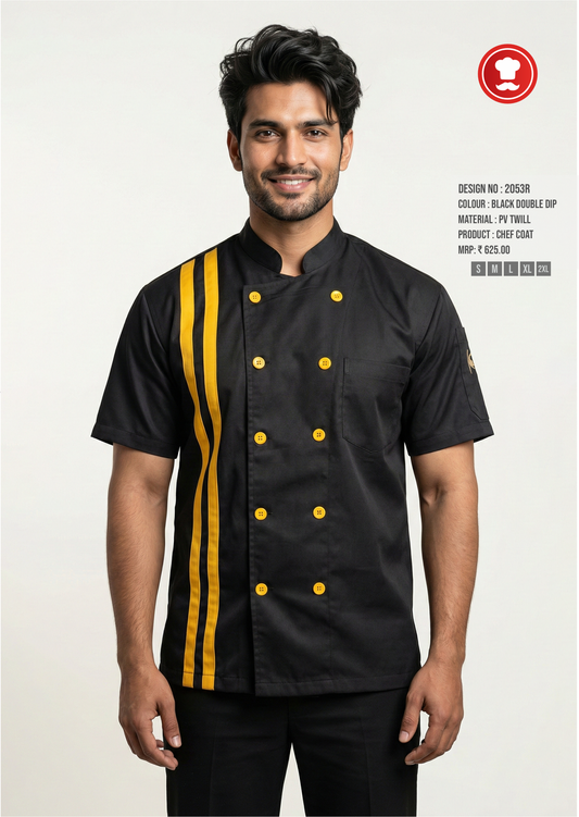 2053R Black Chef Coat with Double Yellow Stripe – Modern Half Sleeve Chef Uniform