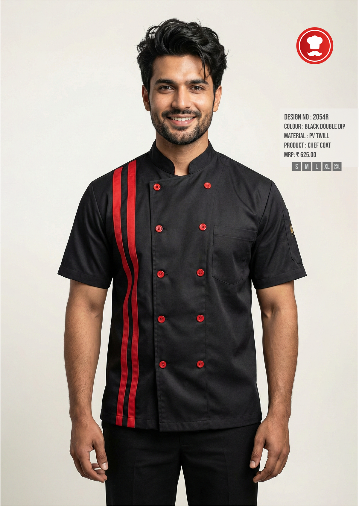 2054R Black Chef Coat with Double Red Stripe – Modern Half Sleeve Chef Uniform