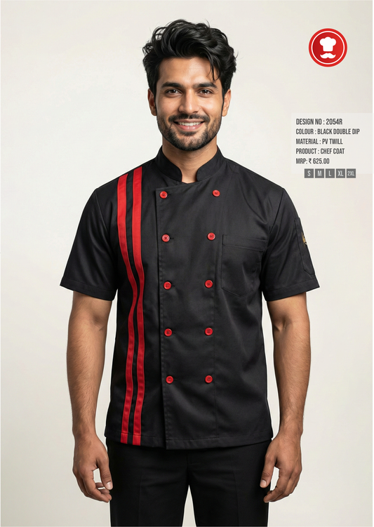 2054R Black Chef Coat with Double Red Stripe – Modern Half Sleeve Chef Uniform