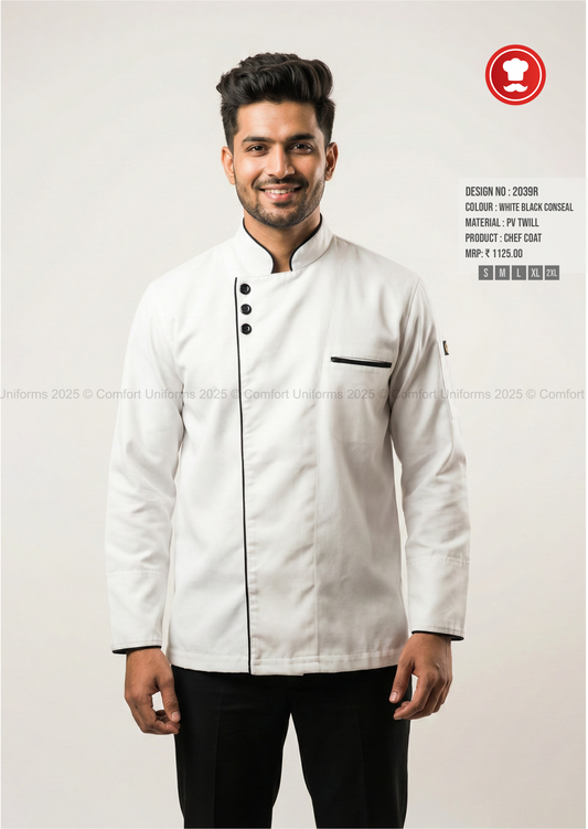 2039R White Black Concealed Chef Coat – Premium Executive & Sous Chef Uniform