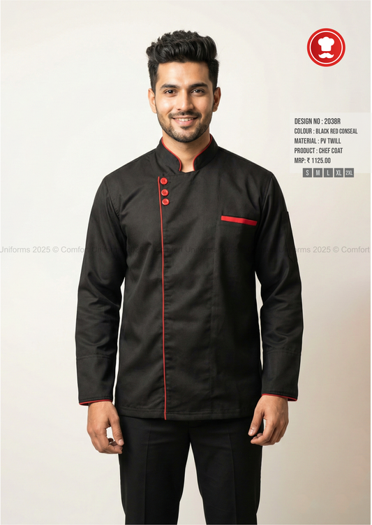 2038R Black Red Concealed Chef Coat – Premium Executive & Sous Chef Uniform