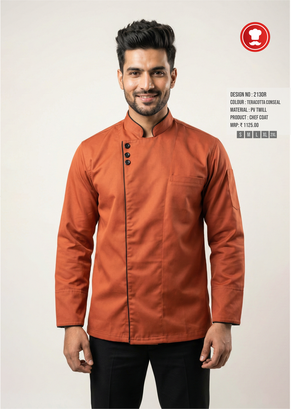 2130R Terracotta Concealed Chef Coat – Premium Modern Chef Uniform with Black Contrast