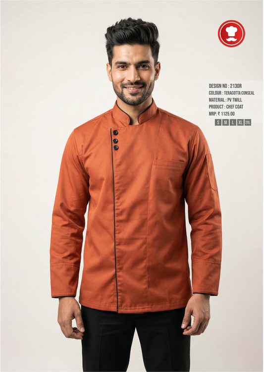 2130R Terracotta Concealed Chef Coat – Premium Modern Chef Uniform with Black Contrast