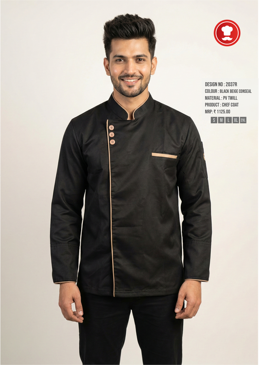 2037R Black Beige Concealed Chef Coat – Premium Executive & Sous Chef Uniform