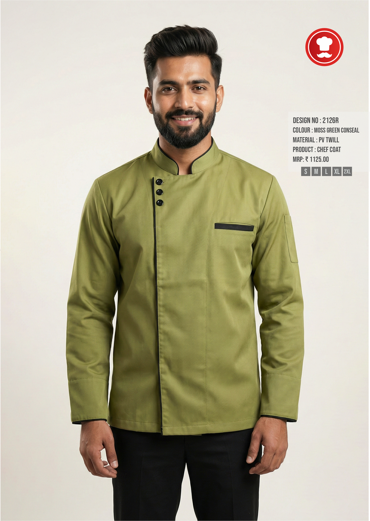 2126R Moss Green Concealed Chef Coat – Premium Modern Chef Uniform with Black Contrast