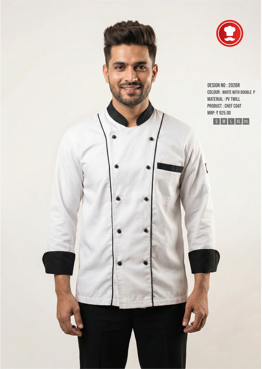 2026R White Chef Coat with Double Black Piping – Premium Professional Chef Uniform