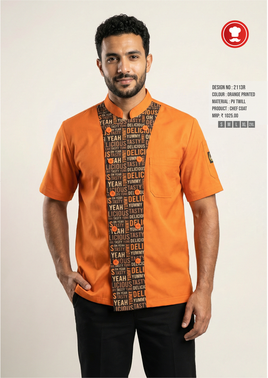 2113R Orange Printed Chef Coat – Trendy Half Sleeve Chef Uniform with Food Print Panel
