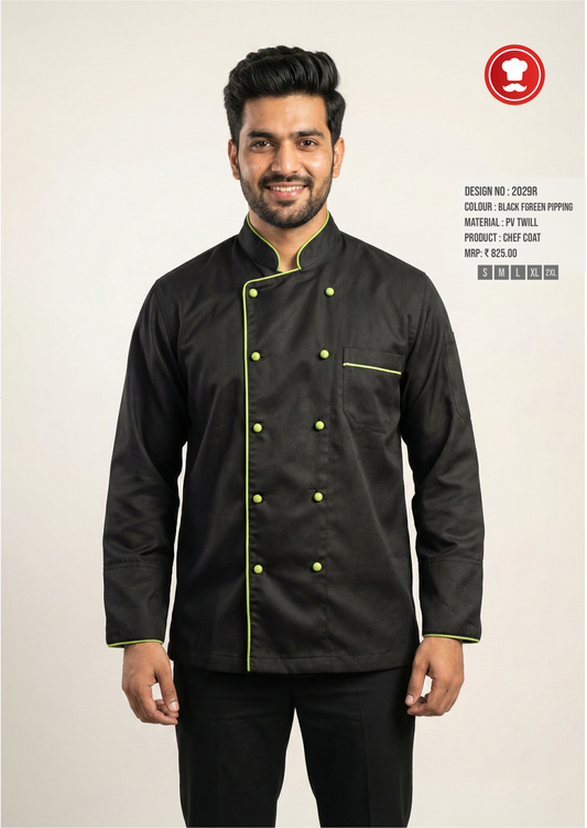 2029R Black Chef Coat with F Green Piping – Modern Premium Chef Uniform