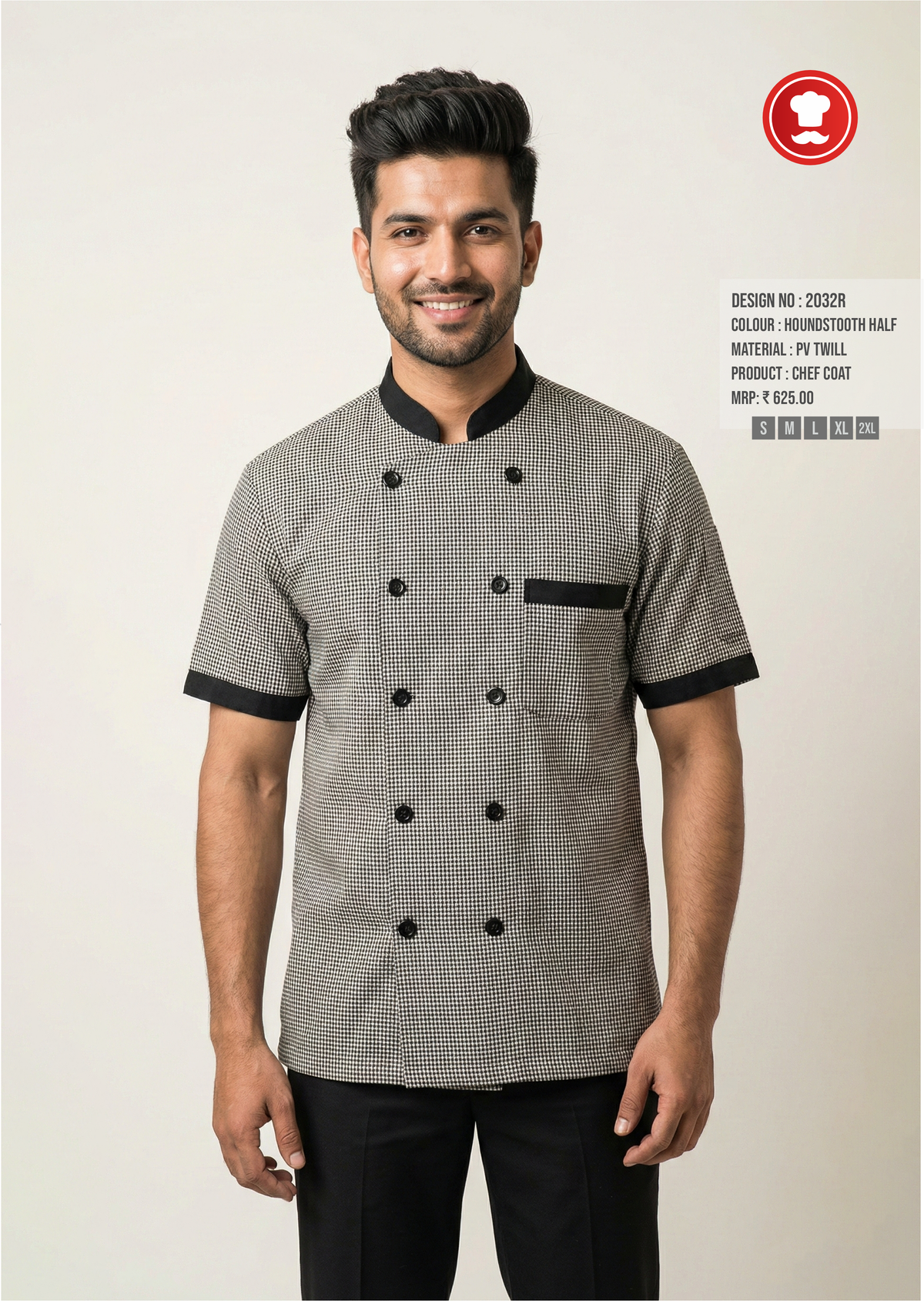 2032R Houndstooth Half Sleeve Chef Coat – Classic Uniform for Commis, Helpers & Assistant Chefs