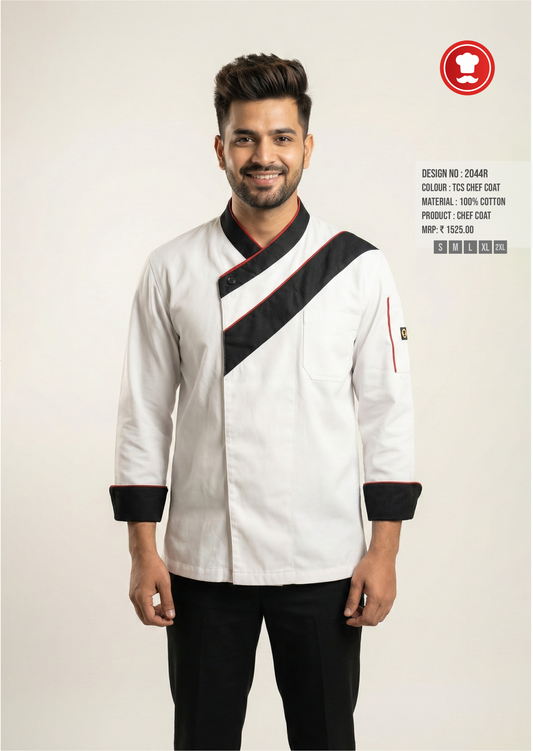 2044R White Chef Coat with Black Panel & Red Piping – Premium Contemporary Chef Uniform