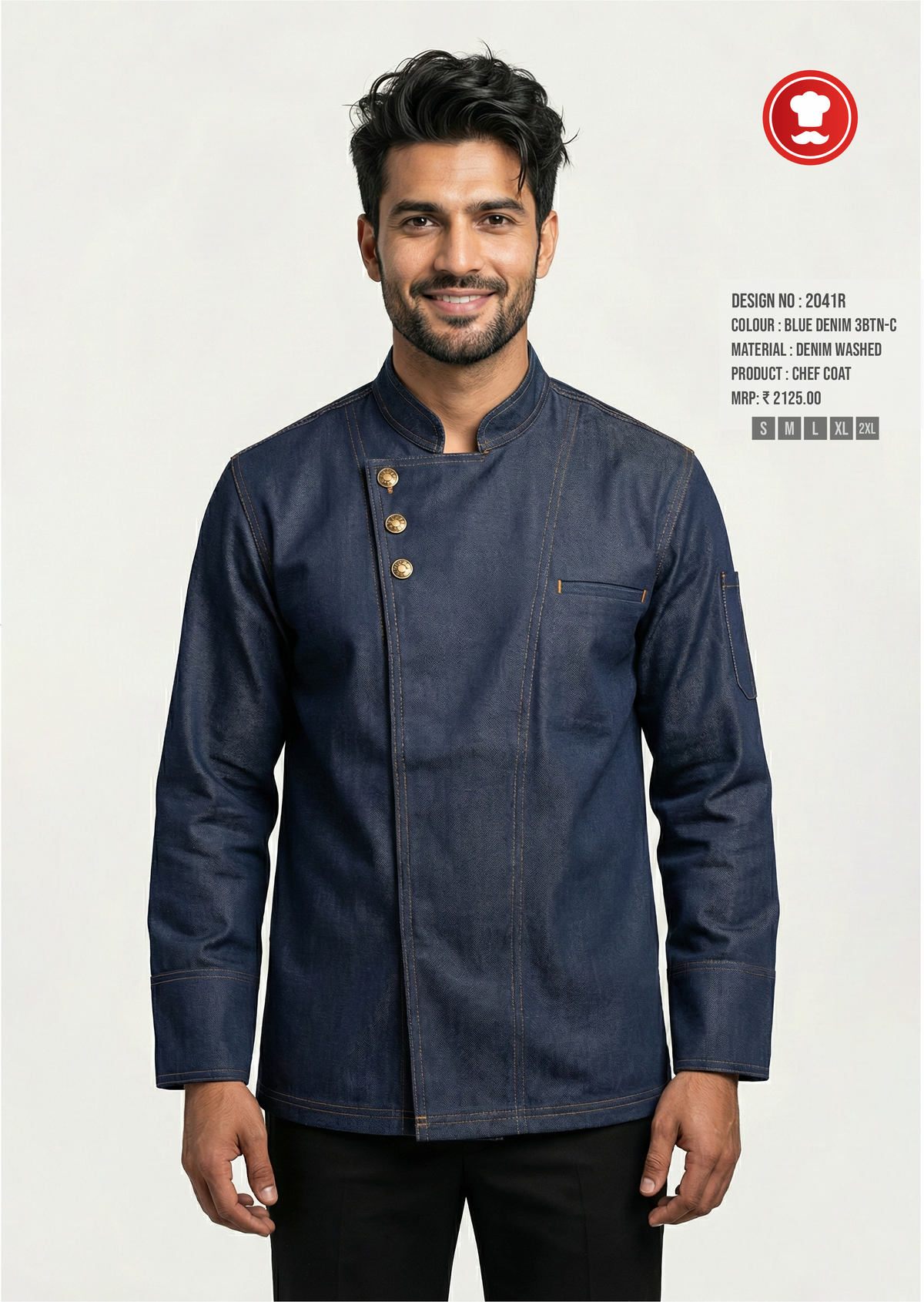 2042 Blue Denim Chef Coat – Premium Contemporary Chef Jacket with Antique Brass Buttons