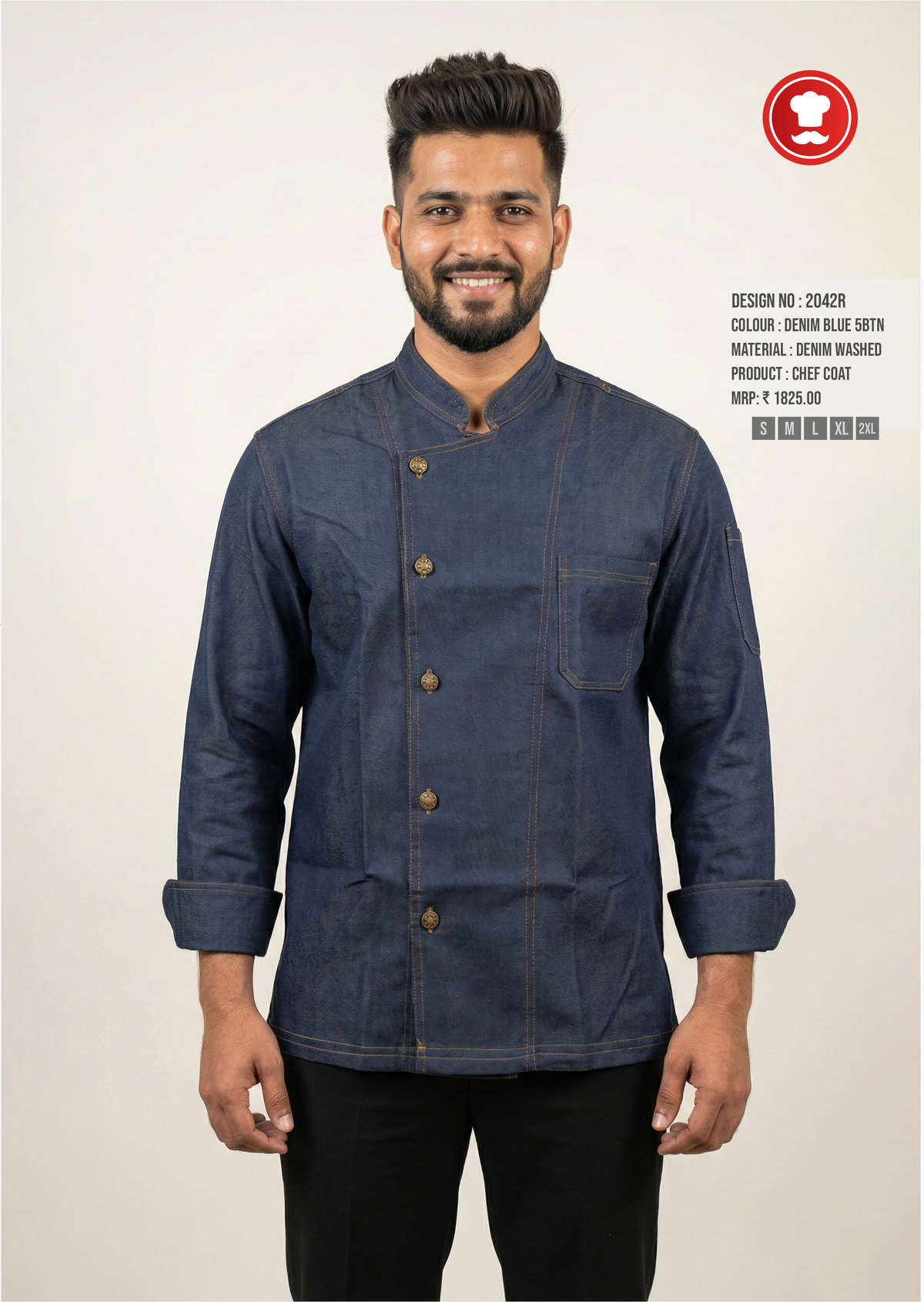 2043 Blue Denim Chef Coat – Premium Rustic Chef Jacket with Antique Brass Buttons