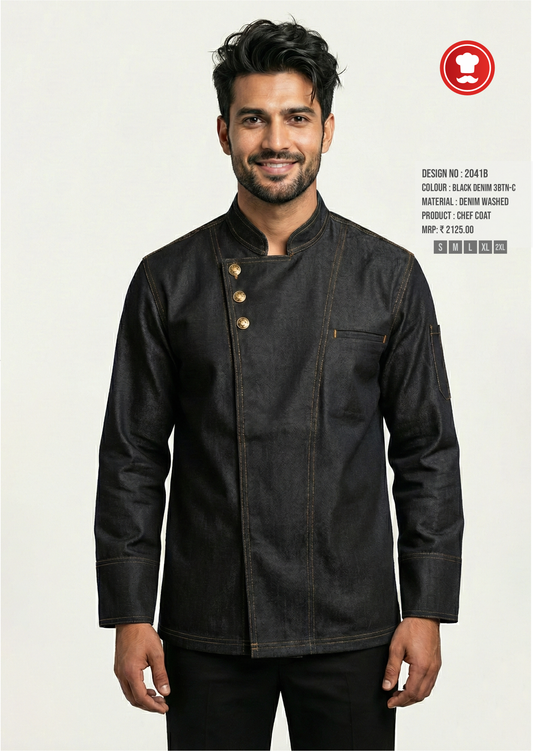 2042B Black Denim Chef Coat – Premium Contemporary Chef Jacket with Antique Brass Buttons