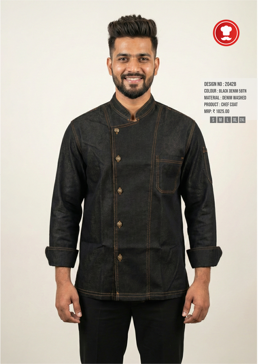 2043B Black Denim Chef Coat – Premium Rustic Chef Jacket with Antique Brass Buttons