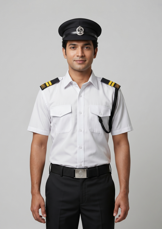 SC01 White Security Uniform Set with Black Trouser & Complete Accessories Kit